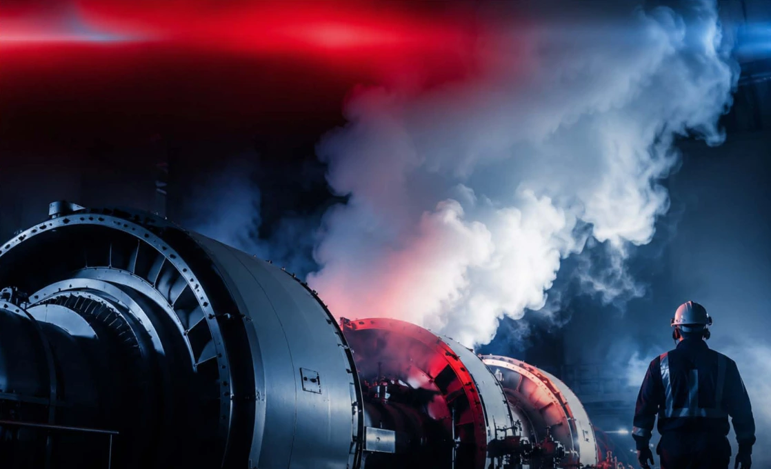 Industrial equipment under red and blue light